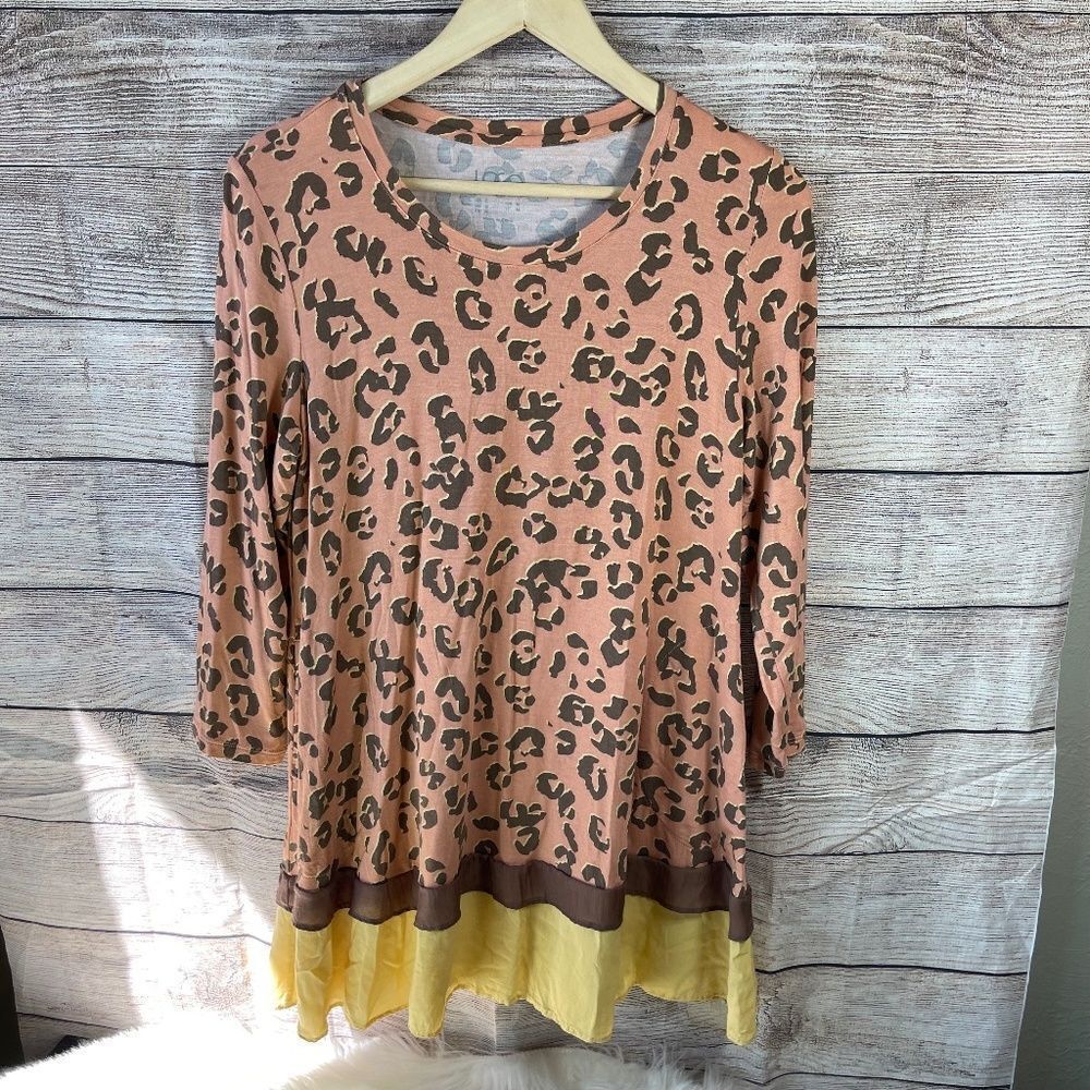 Lori Goldstein Pink Animal Print 3/4 Sleeve Tunic Chiffon Hem Sz S